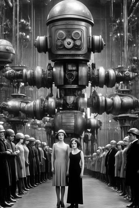 <lora:Director Sergei Eisenstein style:1>Director Sergei Eisenstein style - film still 1925. In the future, the society of  is divided in two social classes: the workers, who live in the underground below the machines level, and the dominant classes that lives in the surface. The workers are controlledtheir leader who wants to find a mediator between the upper class lords and the workers, since she believes that a heart would be necessary between brains and muscles.  meets the son of the Lord of  Johhan Fredersen, in a meeting of the workers, and they fall in love for each other. Meanwhile, Johhan decides that the workers are no longer necessary for and uses a robot pretending to be  to promote a revolution of the working class and eliminate them.