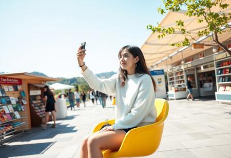 masterpiece, 8k, perfect ligthing, score_9, score_8_up, score_7_up, score_6_up, score_5_up, score_4_up, A young woman is sitting outdoors on a colorful modern chair in a sunny public space. She is wearing a white long-sleeve sweater and black shorts, holding her phone up to take a picture or video. In the background, there are several book displays, information booths, and other people casually strolling. The sky is clear and blue, with some greenery and hills visible in the distance. The setting gives off a lively and relaxed vibe, with a focus on reading and leisure activities."