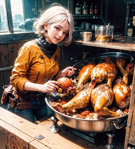 (masterpiece:1.2, best quality), (real picture, intricate details), raytracing, detailed face, extremely detailed CG unity 8k wallpaper, 1girl, white hair, dynamic angle, smile , golden eye , eating , foods , big roast chicken , drool , beer