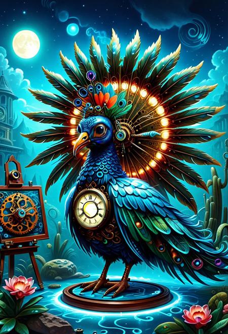 embedding:lazypos, animal, feral animal, surrealist animal, no human, sfw, 
The Clockwork Peacockamthus
Character: A peacock fused with a protea flower, its feathers made of intricate glowing  gears that tick as they fan out.
Activity: Painting an upside-down landscape on a floating easel.
Background: A studio where the brushes move on their own, and the glowing swirls into living creatures.
Tragic Origin: It was an artist cursed to see the world in reverse—now it can only paint what it cannot understand.
Glowing Transformation: The gears in its feathers glow blue when it captures a memory perfectly.