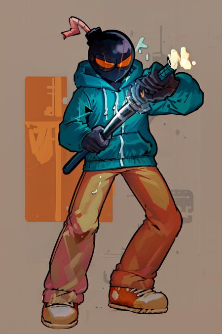 masterpiece, best quality, absurdres, WhittyFNF, bomb head, blue hoodie, orange pants, orange sneakers, <lora:WhittyFNF:1>, <lora:ChihiroUnsheathingAKatanaMeme:1.0> IncrsUnsheathingAKatanaMeme, sheath, holding sheath