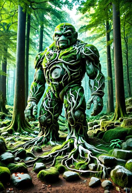 score_9,score_8_up,score_7_up, PG-TR, This is a vibrant, fantasy illustration of a large, golem-like figure that appears to be made of stones and rocks, partly overgrown with lush green foliage. The figure stands in a forested environment, with trees and plants surrounding it, and in the background, ruins or other stone structures are visible. The sky above is clear blue with some white clouds, indicating a sunny day.
The colossus itself is impressively large, with a broad posture and thick, robust limbs. Its body is a mix of gray and brown stones, some smoother than others, with cracks and moss growth emphasizing its age and natural integration. The most striking feature is the dense layer of bright green leaves covering large parts of its torso, shoulders, and upper legs, as if it has become part of the forest itself.
The colossus's face is somewhat human-like, with a stylized, flat nose and indentations suggesting eyes, all formed from stone. The overall atmosphere of the image is one of wonder and mystery, fitting for a fantasy world. <lora:Treeroots_0_90_multi2_Handprocessed_V2:1>