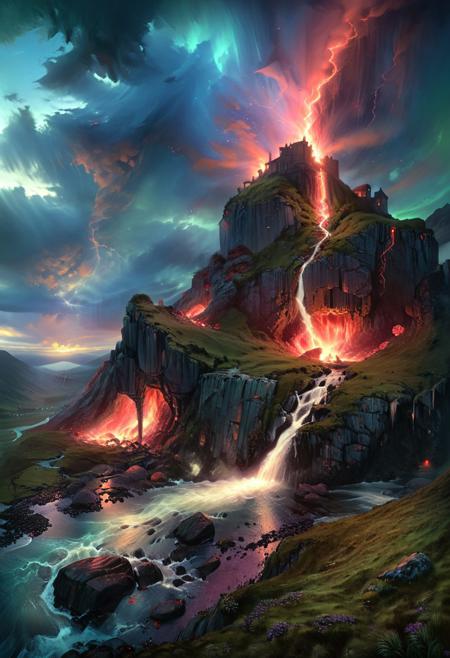 (by Ellen Jewett:1.5), (Red Bioluminescent Impressionism, Scottish highland  landscape, Flow in the Name of blue fire* *Channel_42* *中* *Broadcasting* *Artificially_Atypically_Autistically* *Magnetic**Synesthesia* *lightning*, The Dreamland, green earth, heather, sky sunset, sunrise ,waterfall, great castle on a crag, Crag, highland mountains, ethereal landscapes, depth of field, biotech emotion:1.3) <lora:xl_more_art-full_v1:0.5> <lora:add-detail-xl:1> <lora:RMSDXL_Creative:2>*Channel_42* ral-wlfnte, PEAnimeBG, scenery