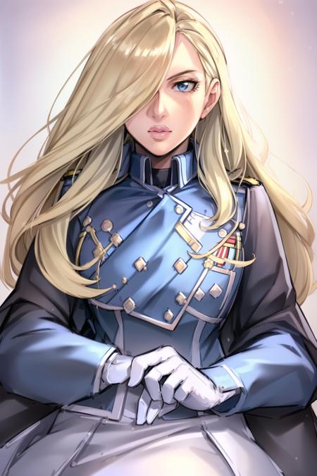 upper body, woman, olivier_mira_armstrong, blue uniform, <lora:Olivier Mira Armstrong:0.8>, (((masterpiece))), (((best quality))), ((ultra-detailed)), ((extremely delicate and beautiful)), ((ultra-detailed)), (best illustration), ((an extremely delicate and beautiful)),