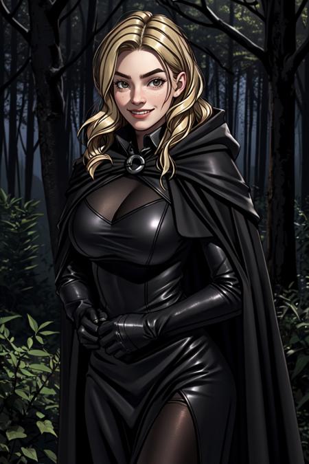 1girl, anya taylor-joy, witch, forest, magicm evil smile, night, darkness, leather, black cloak, blonde hair, <lora:LowRA:0.55>, taut clothes, taut dress, tight shirt, realistic, (photorealistic:1.1), (lineart:0.8), black_outline