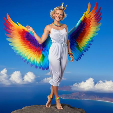 a woman, blonde hair, rainbow colored wings, barefoot, solo, angel, jewelry, rainbow colored dress, anklet, angel, wings, short hair, full body, bare shoulders, looking at viewer, clouds background, colored wings, toes, blue eyes, feet, bracelet, braid, smile, gem,sleeveless, armlet, crown, closed mouth, realistic, photorealistic, lips, pants, flying, bracer, floating, toe ring, necklace