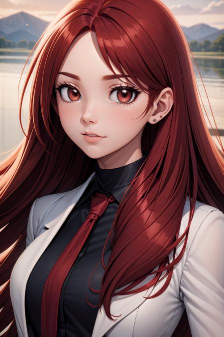 woman, long red hair, brown eyes, ear, earring, close up, white coat, black blouse, tie, breathtaking background, grasslands, lake <lora:face_mask_01:0.6>