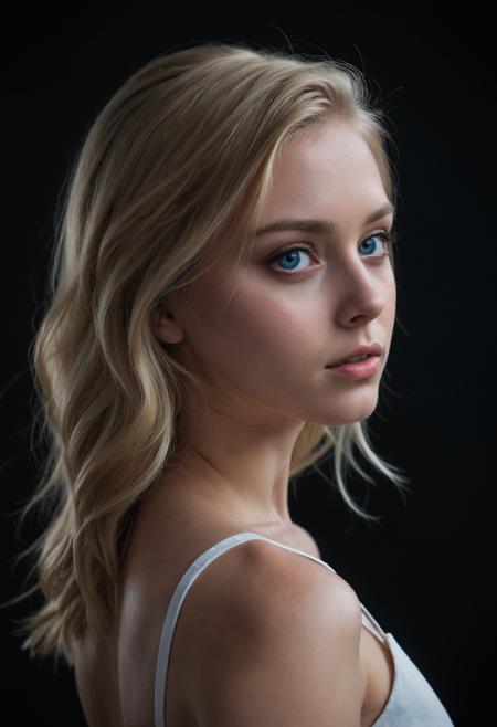young woman with blond hair and blue eyes, pretty woman, portrait, from back side, looking away, staring into space, dark theme, dark background, skin details, raw photo, realistic,