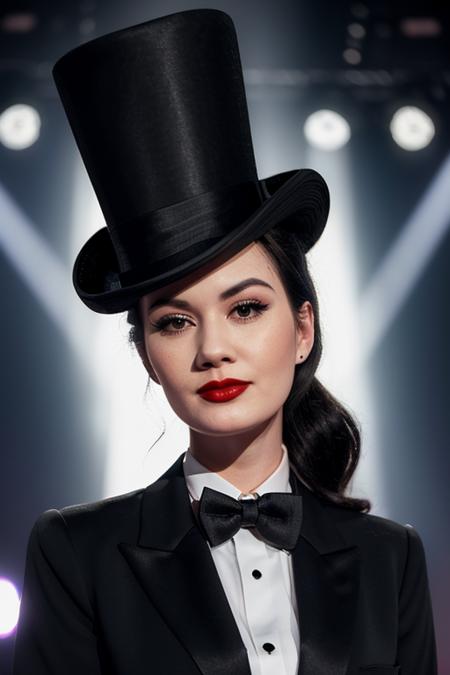 photo of a woman, sydneywatson:0.99,((wearing a tuxedo jacket, shirt, bowtie, top hat):1.1), ((closeup, portrait)),((on stage, spotlights):1.2), ((red lipstick, makeup)), (smile), ((best quality, masterpiece, extreme details, high resolution):1.2),((detailed eyes, beautiful eyes, detailed face, beautiful face):1.2)