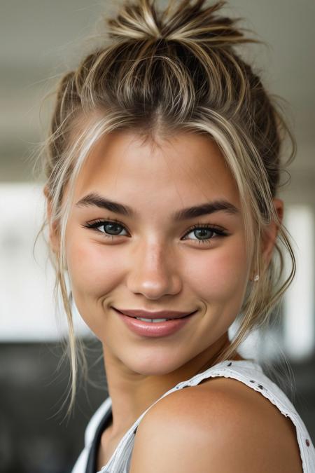 photo of <lora:sd15_AriKytsya_locon_24_v1:.9> AriKytsya blonde hair, focus on eyes, close up on face, huge smile, silver color hair styled as criss-cross bun, desaturated grunge filter