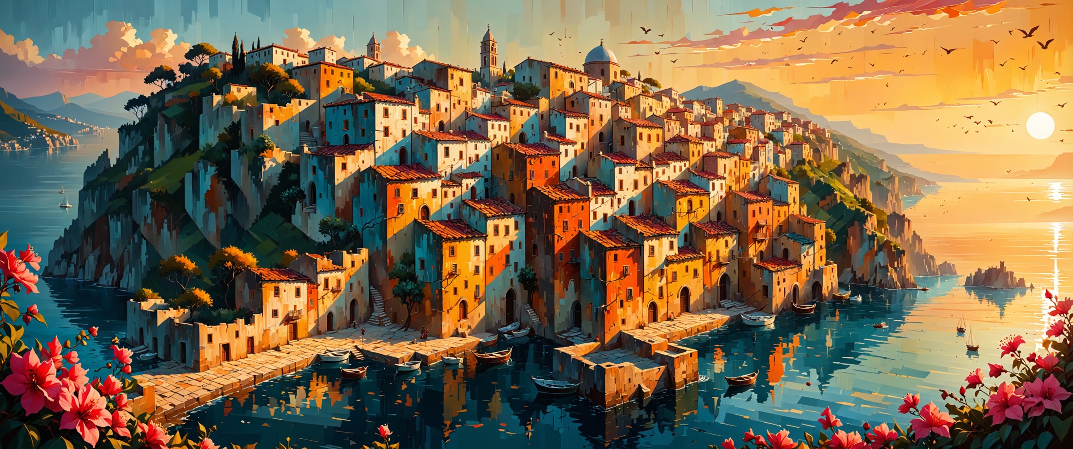 This image depicts a breathtaking, romanticized view of a Mediterranean coastal town, likely inspired by locations such as...