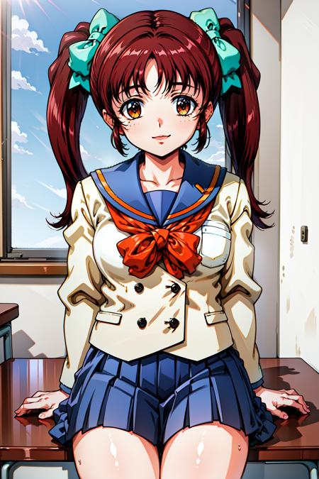 1girl, cowboy shot, classroom, smile, sitting, 
koizumi_rina, brown eyes, brown hair, twintails, hair bow, school uniform, long sleeves, breast pocket, pleated skirt, <lora:koizumi_rina_lora_ver1:0.7>, best quality, masterpiece, highres, <lora:GoodHands-vanilla:1>