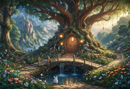 (Isekai anime style.Anime coloring.(0.9))In a whimsical world, a beautiful fairy garden blooms with vibrant flowers and sparkling fountains. A delicate, crystal bridge spans a gentle stream, leading to a majestic tree with leaves that shimmer like diamonds. A friendly, fluffy rabbit hops along the winding path, surrounded by fluttering butterflies and sweet, singing birds. The garden is filled with hidden treasures, like a tiny, glowing fairy door and a secret, shimmering cave. A soft, fluffy cloud drifts lazily across the sky, casting a warm, gentle shadow over the garden. The air is filled with the sweet scent of blooming flowers and the soft, soothing sound of gentle chimes. It's a peaceful, magical place where dreams come alive and wonder waits around every corner.master_class,master_piece,up_8,up_9,perfect beautiful,perfect beautiful early morning light.