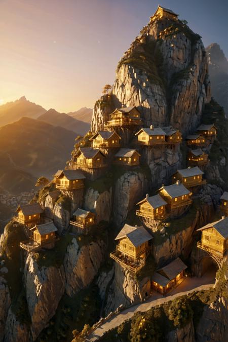 (by Ching Yeh:1.2), Printmaking, suspended mountaintop village, even, spotlight, rim light, 3d model, octane render, highly detailed, volumetric, dramatic lighting (Golden hour:1.2), street art, (ultra detailed, masterpiece, best quality, intricate details:1.4)