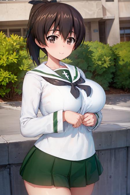 masterpiece,best quality, 1girl,solo,girls und panzer, koyama yuzu, short hair, ponytail, hair ribbon,large breasts,ooarai school uniform,white shirt,black handkerchief,green skirt, outdoors,  cowboy shot <lora:Koyama Yuzu:0.7>