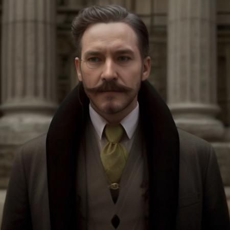 1man, middle-aged man, handsome, redefined, muscular body, wearing Black Hoodie, HD, High Quality, 4k Resolution, hannemanFE, gloves, long sleeves, necktie, coat, beard, mustache, monocle