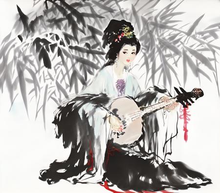 Chinese ink painting, 1girl,playing the pipa, solo, instrument, black hair,hair ornament, playing instrument, holding instrument, hanfu,  wide sleeves, black eyes, red lips, jewelry, long sleeves, earrings,<lora:Chinese_INK_painting_V1:1>