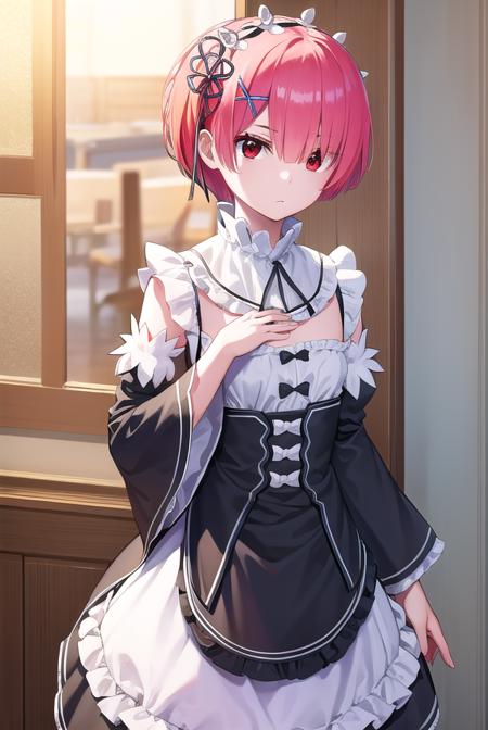 ram, hair flower, hair ornament, hair over one eye, pink hair, (red eyes:1.5), short hair, x hair ornament, bangs, blunt bangs, apron, black bow, black dress, black ribbon, bow, detached sleeves, dress, frilled apron, frilled sleeves, frills, juliet sleeves, long sleeves, maid, neck ribbon, puffy sleeves, ribbon, roswaal mansion maid uniform, thighhighs, two-tone dress, waist apron, white bow, white dress, white thighhighs,