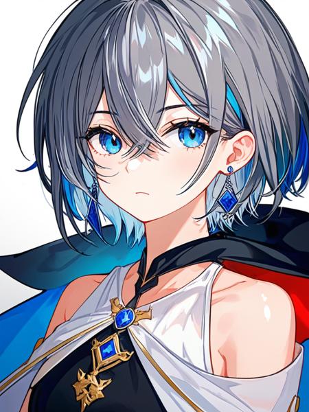 <lora:dan_1w:0.7>,solo, 1girl, 1boy, gradient background, white background, simple background, upper body, male focus, looking at viewer, closed mouth, blue eyes, hair between eyes, eyebrows visible through hair, short hair, grey hair, multicolored hair, ahoge, bangs, cape, bare shoulders, sleeveless, earrings, genderswap