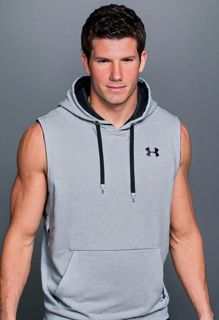 photo of dustin_zito <lora:dustin_zito_xl-05:1>, wearing a sleeveless well-fitted Under Armour hoodie, hyperdetailed photography, soft light, head and shoulders portrait, cover