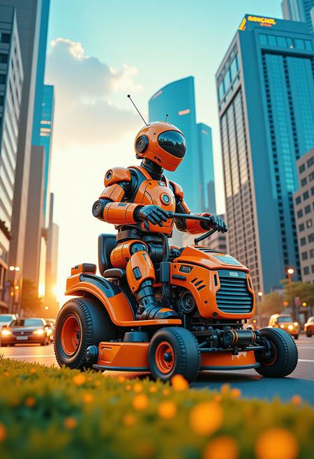 Mecha, Retro robot riding a lawnmower through traffic, sunrise, large buidlings, blue sky