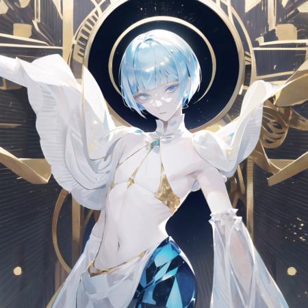 masterpiece, best quality, 1other, short hair, phosphophyllite, blue hair, blue eyes, androgynous, solo, golden arms, bangs, blunt bangs, looking at viewer, gold, white eyes <lora:gem:1>