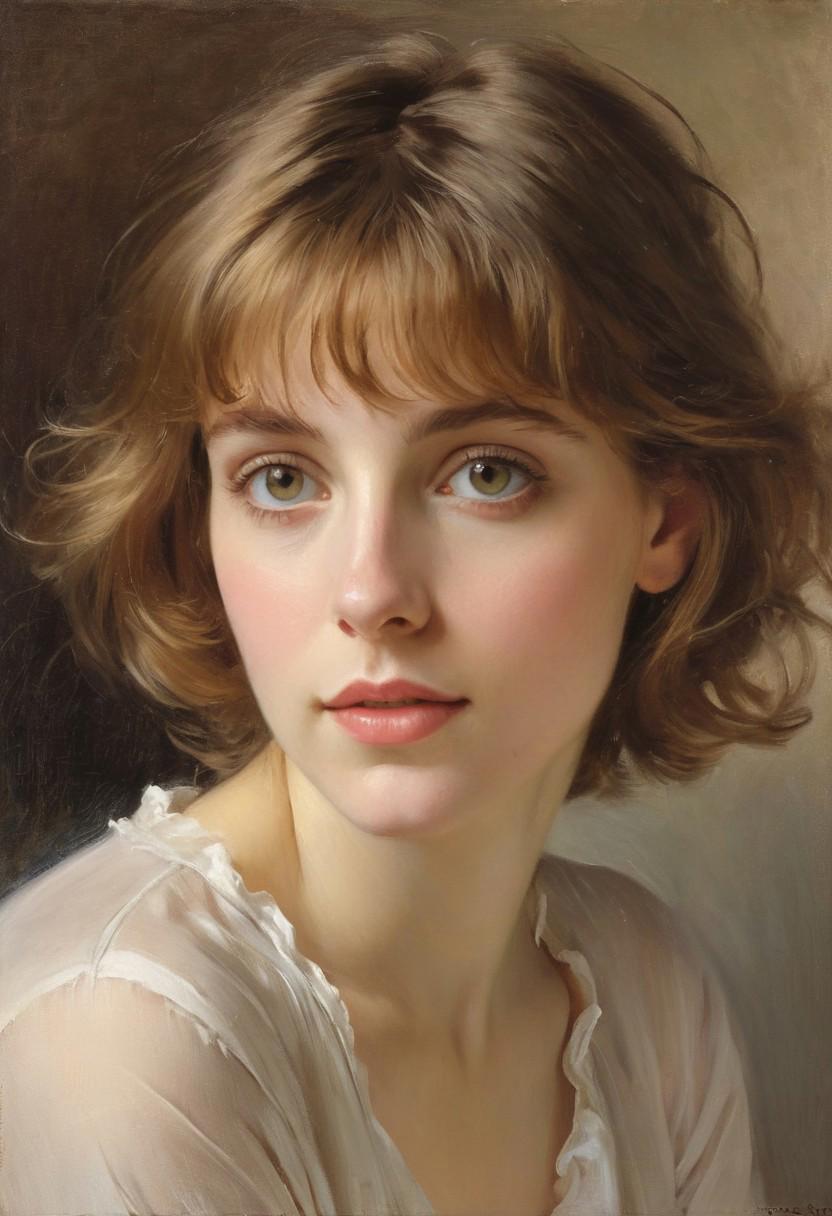 Closeup portrait of a slim, bob-haired woman with dark blonde hair and lively brown eyes. She has a youthful appearance and exudes intelligence, goofiness, and romance. Her fit figure is highlighted by soft lighting, creating a dreamy atmosphere. By artists like John Singer Sargent or Edgar Degas, this realistic painting captures the essence of this charming woman in great detail.