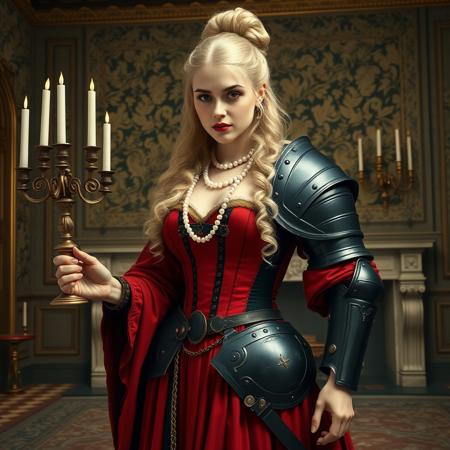 Adult strong woman aristocrat, sacred roman empire 16th century, stands in the middle of a luxurious room in the palace, long wavy blond hair twisted into a bun, pearl necklace of several threads, red and black corset, red and black stockings, blond curls are knocked out of the hairstyle, in one hand she holds a candelabrum with candles, the second hand is dressed in comalerian knightly black armor, large plate shoulder pad, gold edging of the armor, dynamic light, expensive wallpaper with a pattern of plants, fireplace, non-realism, art in the style of oil paints