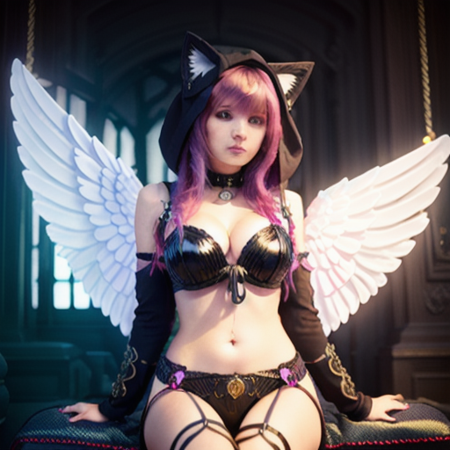 black detailed nekohoodi sitting sideways on a classical couch,masterpiece, DSLR photo,nekohoodi, real photo, dynamic angle, wings, breasts,solo, angel wings, rainbow hair, long hair, rainbow eyes, angel, looking at viewer, feathered wings, medium breasts, stained glass, white wings, standing,  (high detailed skin:1.2),8k uhd, dslr, soft lighting, high quality,   <lora:NekoHoodi:1>