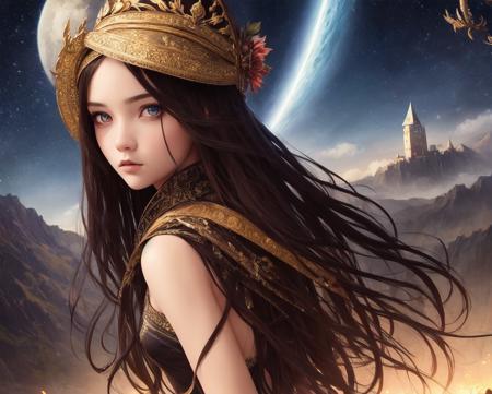 ((master piece)),best quality, illustration, dark, 1girl, In the wilderness,High mountain, Empty space, castle, beautiful detailed eyes,  beautiful detailed hair,