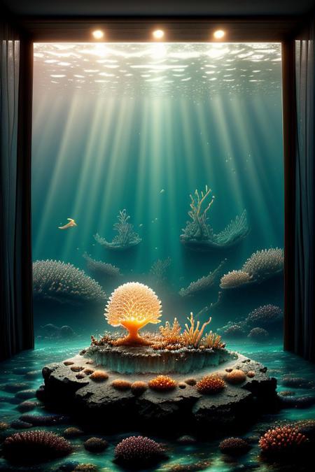 In a whimsical room inspired by The Little Mermaid a cozy bed carved from a large, smooth stone rises majestically from the depths of a turbulent ocean. The bed is adorned with seashell-patterned linens and shimmering fabrics that mimic the waves. Above, colorful jellyfish lamps cast a soft glow, illuminating the space with an enchanting light. Through the window, an ordinary cityscape of towering high-rise buildings can be seen, creating a surreal contrast to the underwater theme inside. Coral and seaweed accents blend with the decor, enhancing the sense of a mermaid's secret sanctuary amid a bustling urban environment.