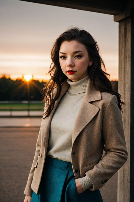 beautiful woman (ndormer:.99), perfect waist, closeup portrait, realistic, (detailed:1.15),(film grain, skin details, 4k:1), optimistic, Dappled Light, analog style (look at the viewer), (skin texture), (film grain), (hyper-realistic texture skin:1.3), cinematic light, sidelighting, ultra high res, best shadow, RAW, beautiful hair, designer jacket, fashionable skirt, turtleneck shirt, winter city park, professional model photoshoot, hdr, sunset, (red lips)