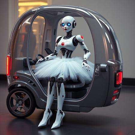 funny ai robot in tutu and high heels in a transparent robo cab, red lips,