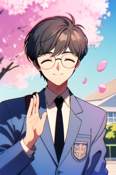 masterpiece, best quality, <lora:tsukishiro_yukito:0.7>  1boy, male focus, glasses, closed eyes, necktie, solo, cherry blossoms, waving, school uniform, smile, outdoors, shirt, bag, grey hair, upper body, jacket, petals, hand up, black necktie, tree, facing viewer, white shirt, collared shirt, day, closed mouth, blazer, long sleeves, 1990s \(style\), retro artstyle,