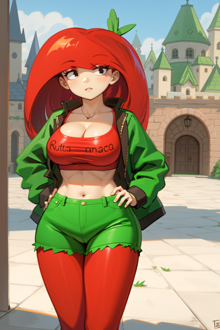 tomatogalPT, 1girl, red hair, long hair, black eyes, large breasts, thick thighs, red crop top, cleavage, green jacket, green shorts, red pantyhose, green footwear