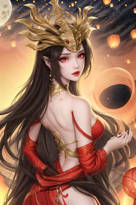 1girl, back, black hair, brown hair, c-medusa, dress, hair ornament, lantern, long hair, looking at viewer, looking back, moon, night, night sky, red dress, red eyes, sky, solo, upper body,back tattoo