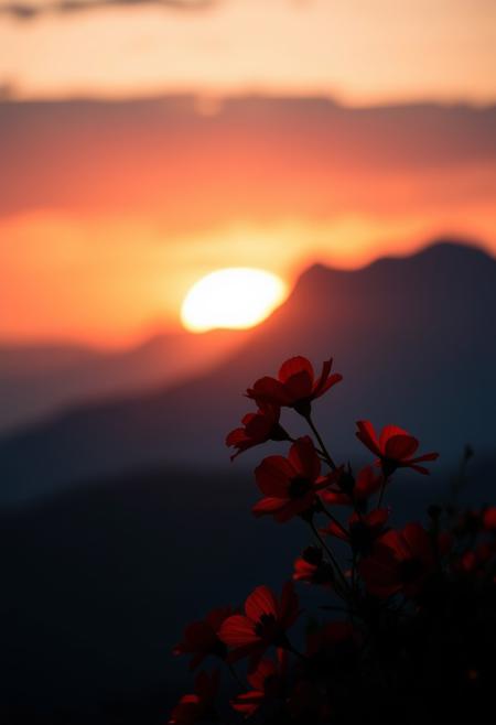 The image is a beautiful sunset with vibrant red flowers in the foreground and a majestic mountain range in the background. highly detailed and hyper realistic photo, by Alena Aenami , by Archibald Thorburn , by Daniele Afferni , in the style of  monochromatic silhouette reflection,  limited dark palette, unusual dark colors, faded colors, atmospheric haze, highly dramatic cinematic lighting, motion blur, film grain,  professional, excellent composition, finest details, maximized details, ultimate detail level, masterpiece, best quality