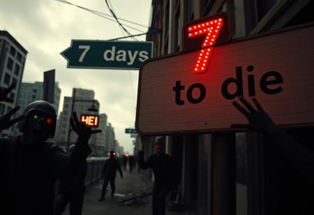 photo , Film Still, Cinematic ,Blanco Brown - city sign reads '7 days to die' , Zombies hoard attack suriviors, urban decay, glowing eyes, in every shadow death does embark
