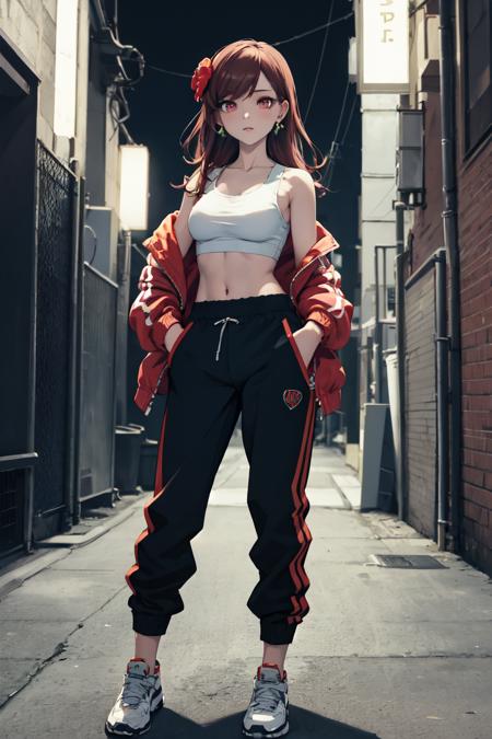 masterpiece, best quality, absurdres, perfect anatomy, 1girl, solo, MaryHunt, hair flower, earrings, stylish outfit, hip hop, jacket, tank top, track pants, midriff, night, alley, neon lights, confident stance, <lora:MaryHunt:0.8>