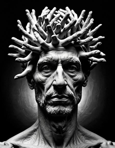 Surreal portrait, human head composed of numerous entwined fingers, rich textures evoking depth, shadowy ambiance highlighting contours, grayscale palette imbuing eerie, mysterious aura, bold "MASTERMIND" caption in stark white, font resonates with stark, enigmatic mood, visual metaphor for complexity, psychological depth, possibly hinting at introspection, intellect, creative thoughts, image strikingly contrasts organic forms with a somber, almost monolithic presence, lighting accentuates finger details, creates an interplay of light and shadow, seamless merging of fingers into head and shoulders suggest unity, an artistic blend of human anatomy with abstract concepts, alluding to themes of identity, mental processes