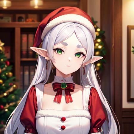 elf,green eyes,jewelry earrings,parted bangs,white hair, short_thick_eyebrows,