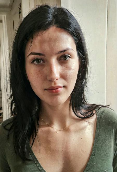 instagram selfie , a 23 year old gorgeous woman , slight cocky smile , detailed skin face and eyes ,  long black hair, wearing a silver necklace, film grain, low contrast, natural face , freckles , black hair , green eyes, dark circles under eyes, in a cute apartment in paris, golden hour, hard nipples