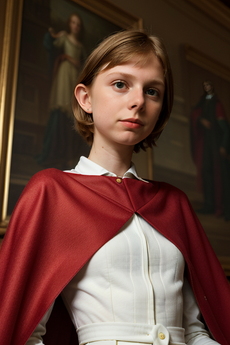 FloFleming, photography by (David LaChappelle:1.3), modelshoot, pose, ((dress)), (long red cape), (closeup on upper body:1.3), Flemish masters, luxurious fabrics, silk, Versailles, French aristocracy, palace interior, 1782, large oil paintings on walls, portrait