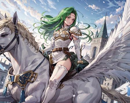 from below, <lora:riding_pegasus:1>,riding_pegasus,flying,<lora:annandV1-000016:0.7>,annand, circlet,armor, white short dress, zettai ryouiki, thigh boots, breastplate,belt, shoulder armor, white footwear, elbow gloves, jewelry, bracelet, sleeveless, detached sleeves, fur trim, long sleeves, white thighhighs,high heels, gold trim, thighs, sleeveless dress,snowing,sky,snow,(masterpiece, best quality, ultra-detailed, best shadow)