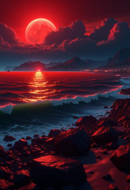 RED AT NIGHT, SAILORS DELIGHT, RED IN THE MORNING, SAILOR TAKE WARNING, Hyper detailed digital matte painting, beautiful landscape concept art, hyperrealism, 16k resolution, Cinema 4D, 8k resolution, trending on artstation, behance HD, a masterpiece, illustration render cinema octane x-particle HDR DLSR detailed sophisticated 16k Behance HD, Epic 3D Videogame Graphics, Intricately Detailed, refined, defined, follow negative prompts