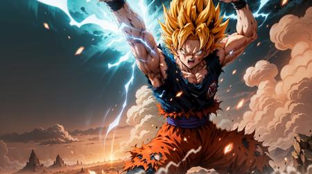 Super Saiyan Goku unleashes a massive energy wave while standing on top of a mountain, the surroundings are filled with lush greenery, and the sky is a mix of orange and purple hues. (Orange smoke energy emanates from Goku's entire body). The energy wave is bright blue with electric sparks around it. (anime:1.2), (dramatic lighting:1.1), (vibrant colors:1.3), (cell-shaded:1.1), (dynamic composition:1.2) <lora:Dragon Ball_v2:0.6>,