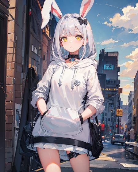 1girl,standing,outdoors,street, <lora:ShimakazeAliceV1[sleeveless_dress]-000008:1>, yellow_eyes, rabbit ears,outdoors,street,cityscape, (hoodie:1.4),cowboy shot,