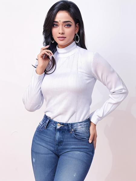 ultrarealistic glamor photo of  swti woman, outdoors, realistic skin texture, looking looking at camera, blue jeans, white turtleneck, dynamic pose, simple white background <lora:swti_Shweta_Tiwari_SD15_LoRA_Adafactor:1>