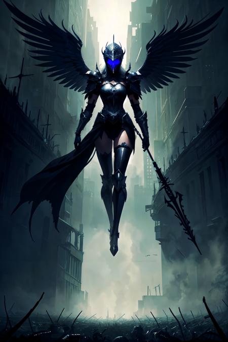 (masterpiece, top quality, best quality, official art, beautiful and aesthetic:1.2), 1girl, (fractal art:1.3), knight clad in black armor overlooking a field of corpses, black angel wings, helmet, silver hair, volumetric lighting, perfect lighting, dark art, horror, gothic, gloomy atmosphere, UHD, extreme detail