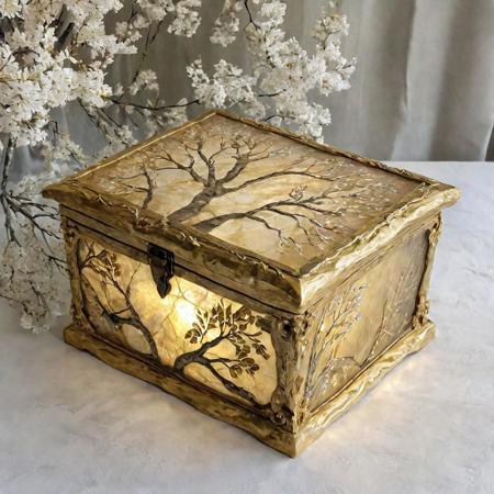 A beautifully crafted gold baroque style birch box, Glass fused light with rice paper, with the lid open fransforming to small birch trees, universal energy device inside,  glowing, illuminating a beautifully decorated in baroque style